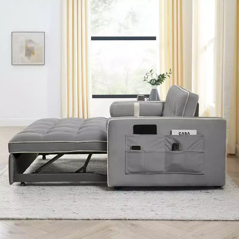 55.5" Pull-Out Velvet Sofa Bed with Adjustable Backrest & Side Pockets