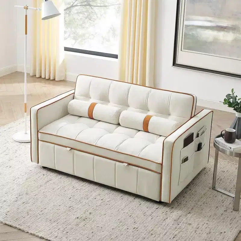 55.5" Pull-Out Velvet Sofa Bed with Adjustable Backrest & Side Pockets