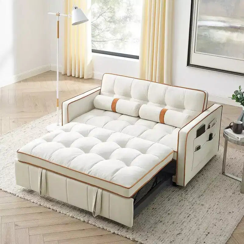 55.5" Pull-Out Velvet Sofa Bed with Adjustable Backrest & Side Pockets