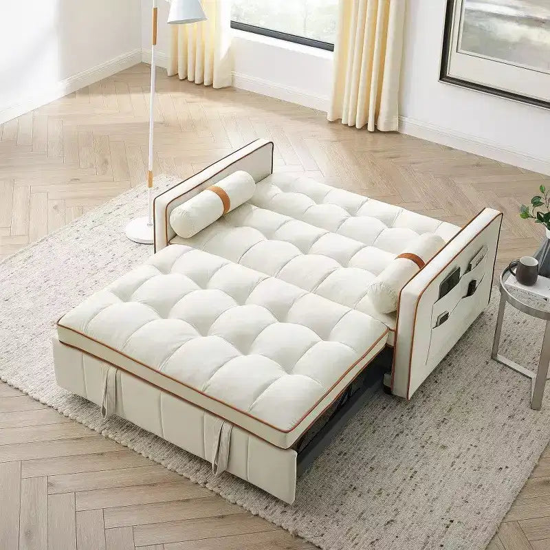 55.5" Pull-Out Velvet Sofa Bed with Adjustable Backrest & Side Pockets