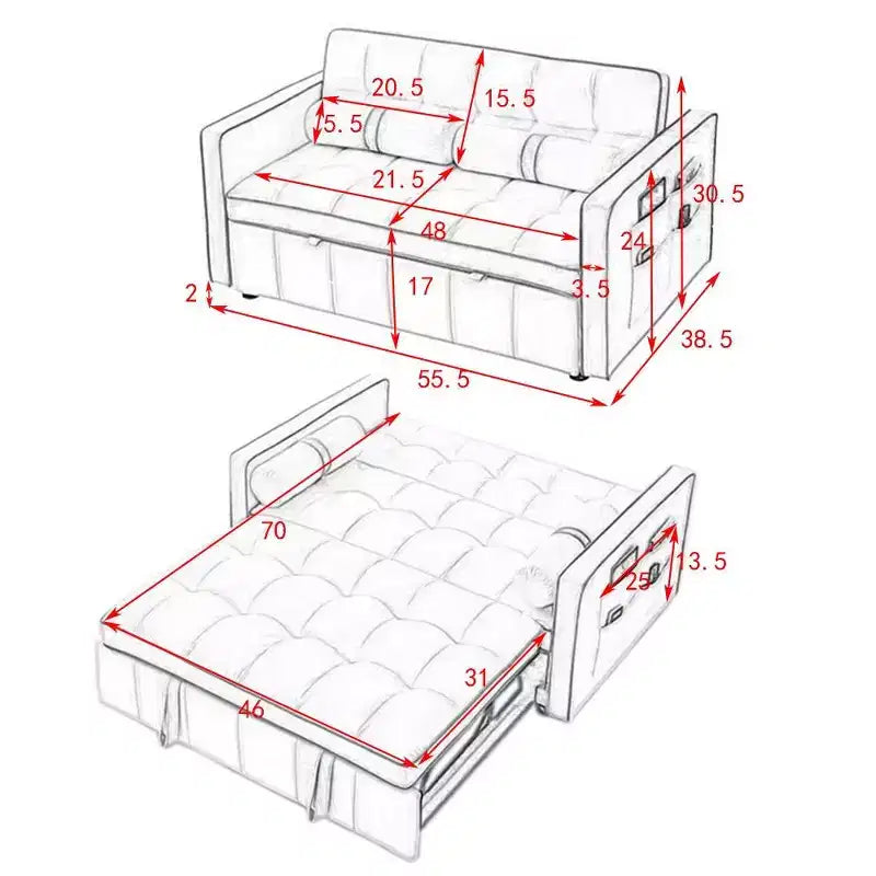 55.5" Pull-Out Velvet Sofa Bed with Adjustable Backrest & Side Pockets