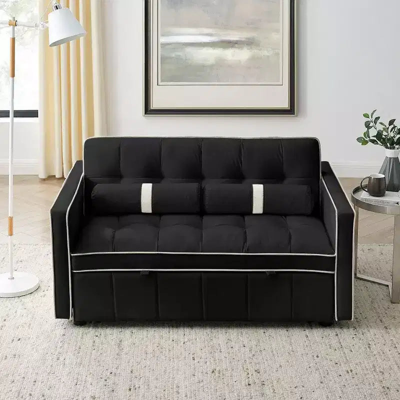 55.5" Pull-Out Velvet Sofa Bed with Adjustable Backrest & Side Pockets
