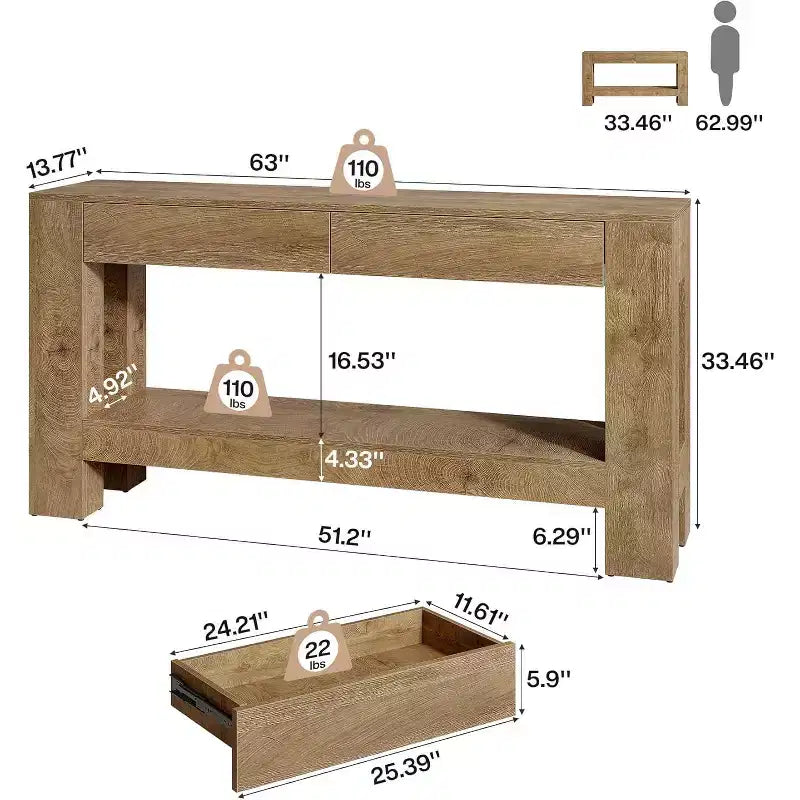 63" Farmhouse Console Table with 2 Drawers & Storage Shelf
