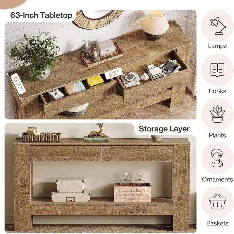 63" Farmhouse Console Table with 2 Drawers & Storage Shelf