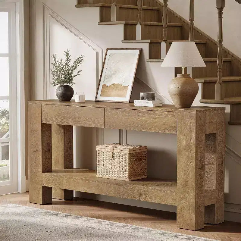 63" Farmhouse Console Table with 2 Drawers & Storage Shelf