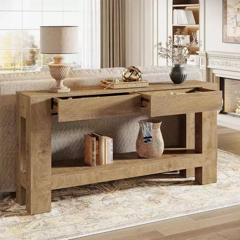 63" Farmhouse Console Table with 2 Drawers & Storage Shelf