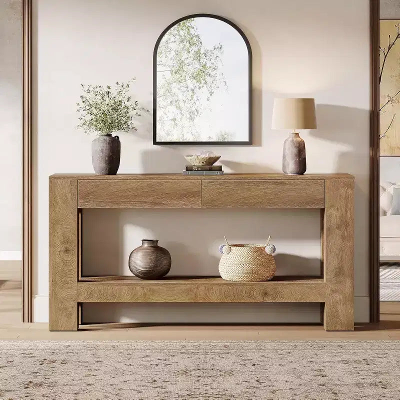 63" Farmhouse Console Table with 2 Drawers & Storage Shelf