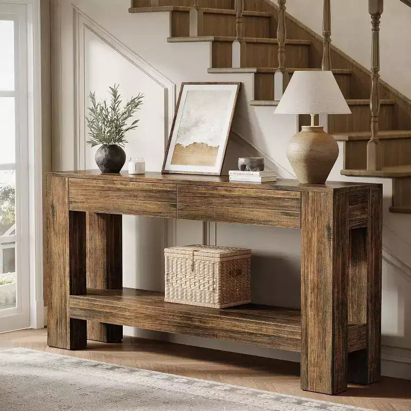 63" Farmhouse Console Table with 2 Drawers & Storage Shelf
