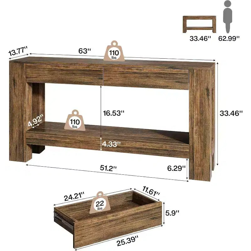 63" Farmhouse Console Table with 2 Drawers & Storage Shelf