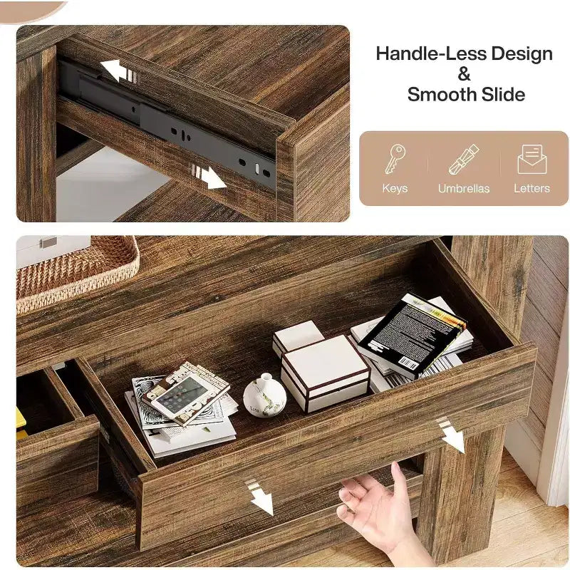 63" Farmhouse Console Table with 2 Drawers & Storage Shelf