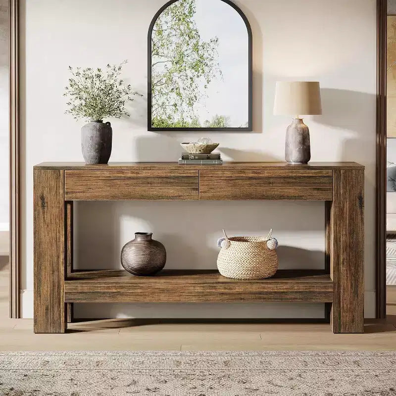 63" Farmhouse Console Table with 2 Drawers & Storage Shelf