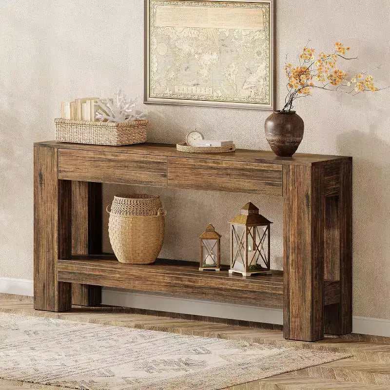 63" Farmhouse Console Table with 2 Drawers & Storage Shelf