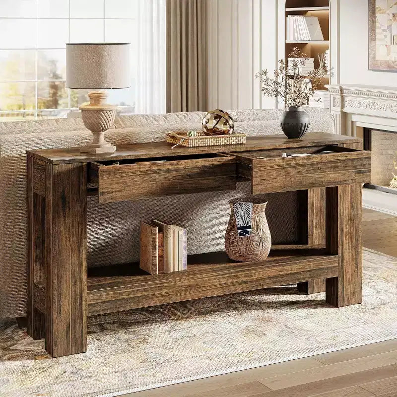 63" Farmhouse Console Table with 2 Drawers & Storage Shelf