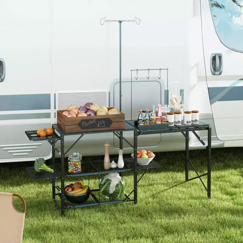 Folding Camp Kitchen Cooking Station with Adjustable Lamp Stand & Carry Bag