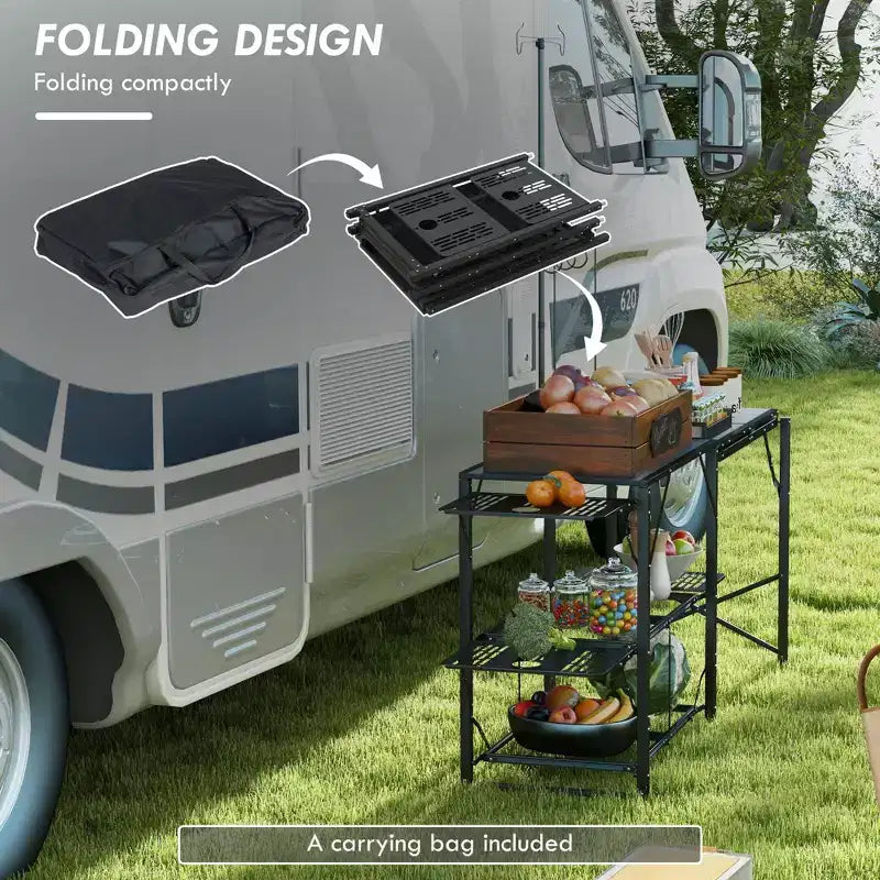 Folding Camp Kitchen Cooking Station with Adjustable Lamp Stand & Carry Bag