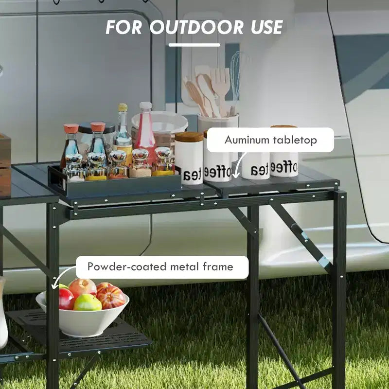Folding Camp Kitchen Cooking Station with Adjustable Lamp Stand & Carry Bag