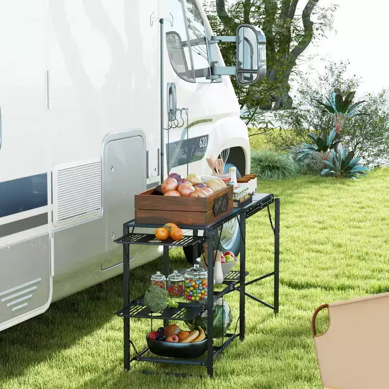 Folding Camp Kitchen Cooking Station with Adjustable Lamp Stand & Carry Bag