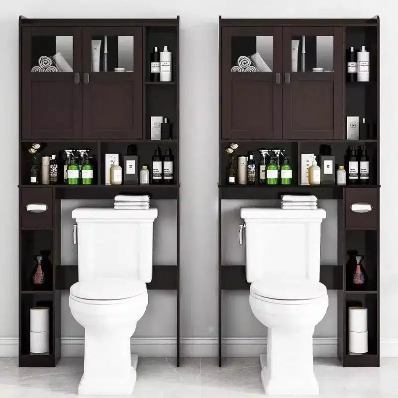 Over-Toilet Storage Cabinet with Glass Doors & Adjustable Shelves, Espresso 67"