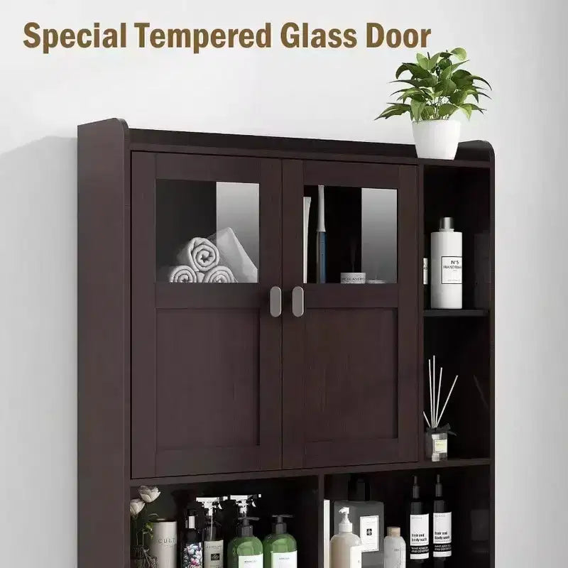 Over-Toilet Storage Cabinet with Glass Doors & Adjustable Shelves, Espresso 67"