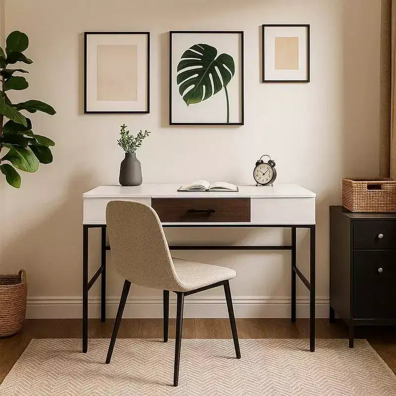 Writing Desk with Hidden Storage & Built-In USB Port, White & Black