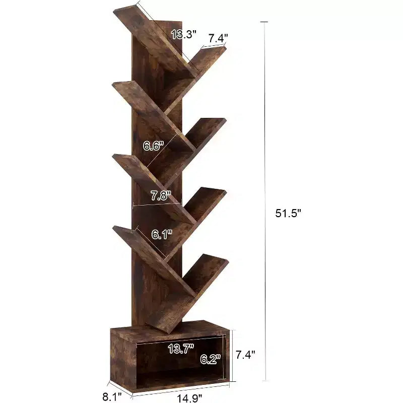 8-Tier Tree Bookcase with Storage, Rustic Wood Tone, 51.5" Tall