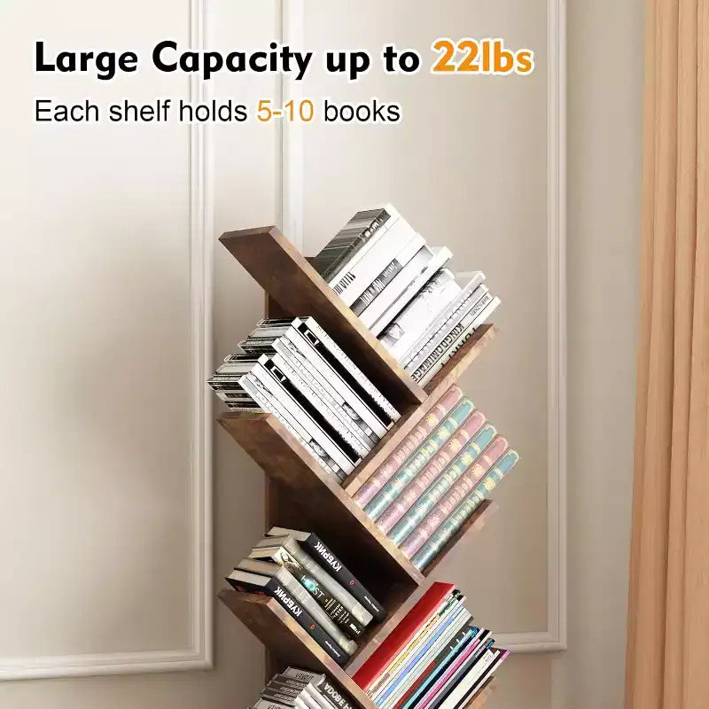 8-Tier Tree Bookcase with Storage, Rustic Wood Tone, 51.5" Tall