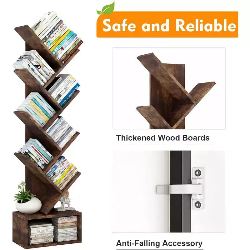 8-Tier Tree Bookcase with Storage, Rustic Wood Tone, 51.5" Tall