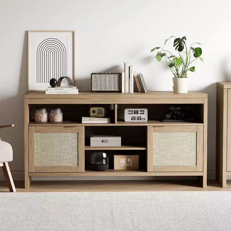 58" Rattan TV Console with 4 Open Shelves, 2 Doors & Adjustable Shelves for TVs up to 65"