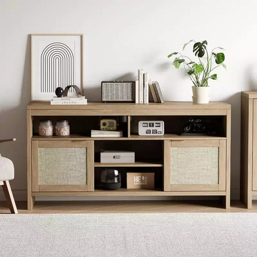 58" Rattan TV Console with 4 Open Shelves, 2 Doors & Adjustable Shelves for TVs up to 65"