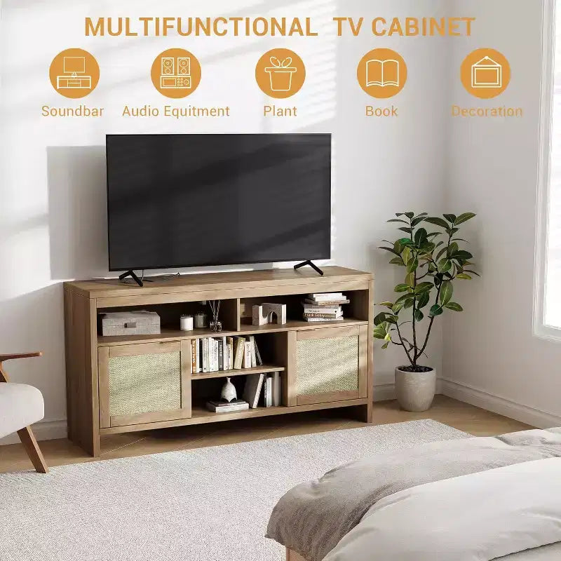58" Rattan TV Console with 4 Open Shelves, 2 Doors & Adjustable Shelves for TVs up to 65"