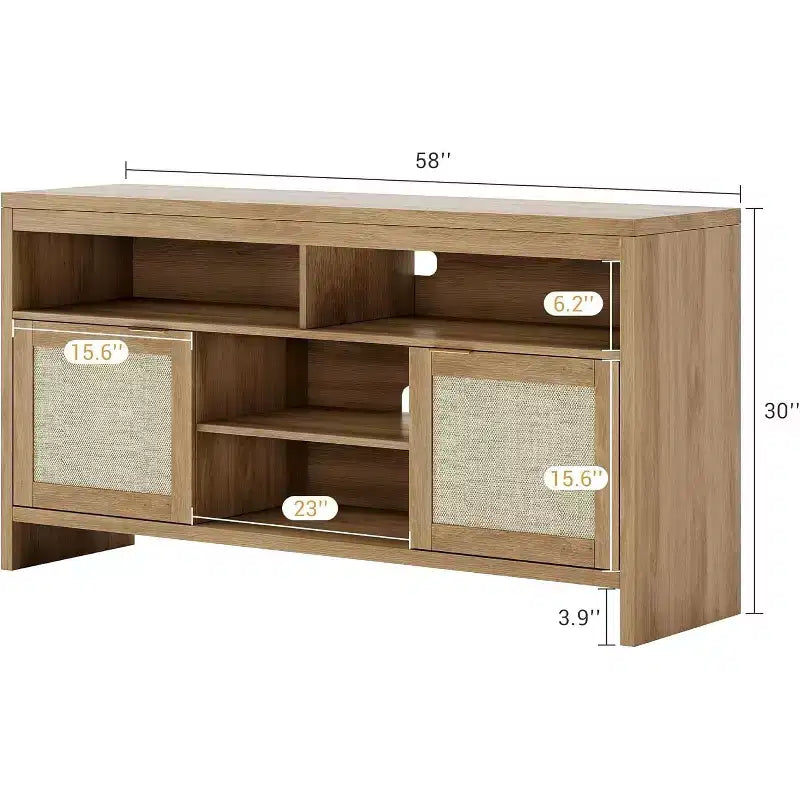 58" Rattan TV Console with 4 Open Shelves, 2 Doors & Adjustable Shelves for TVs up to 65"