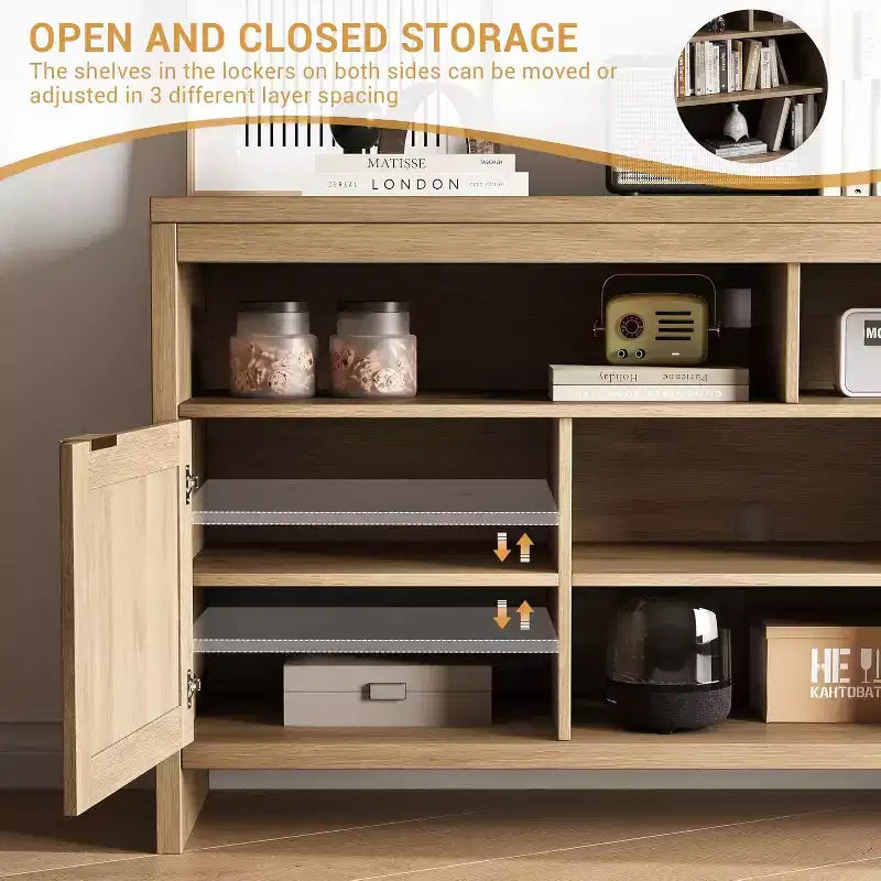58" Rattan TV Console with 4 Open Shelves, 2 Doors & Adjustable Shelves for TVs up to 65"