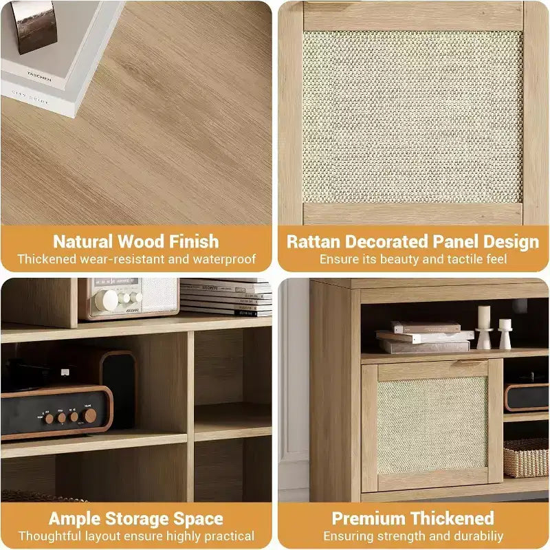 58" Rattan TV Console with 4 Open Shelves, 2 Doors & Adjustable Shelves for TVs up to 65"