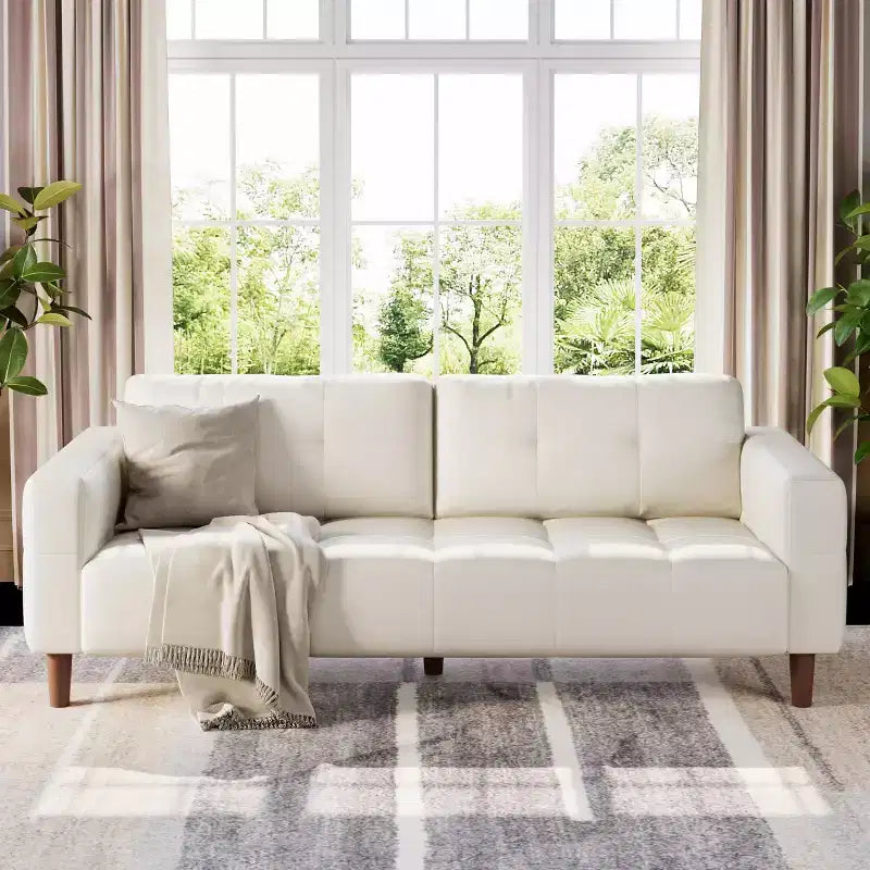 83" Faux Leather 3-Seater Sofa with Spring Cushion & 2 Removable Back Pillows