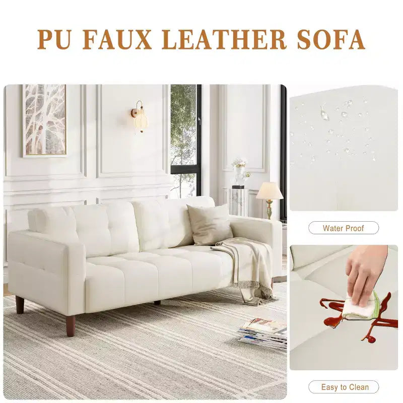 83" Faux Leather 3-Seater Sofa with Spring Cushion & 2 Removable Back Pillows