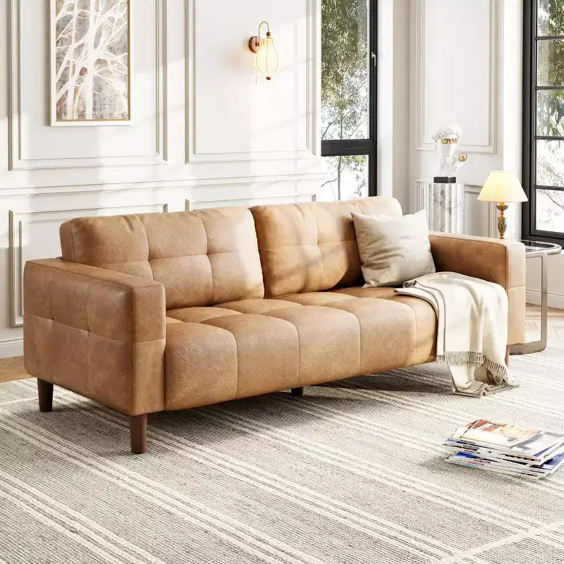 83" Faux Leather 3-Seater Sofa with Spring Cushion & 2 Removable Back Pillows