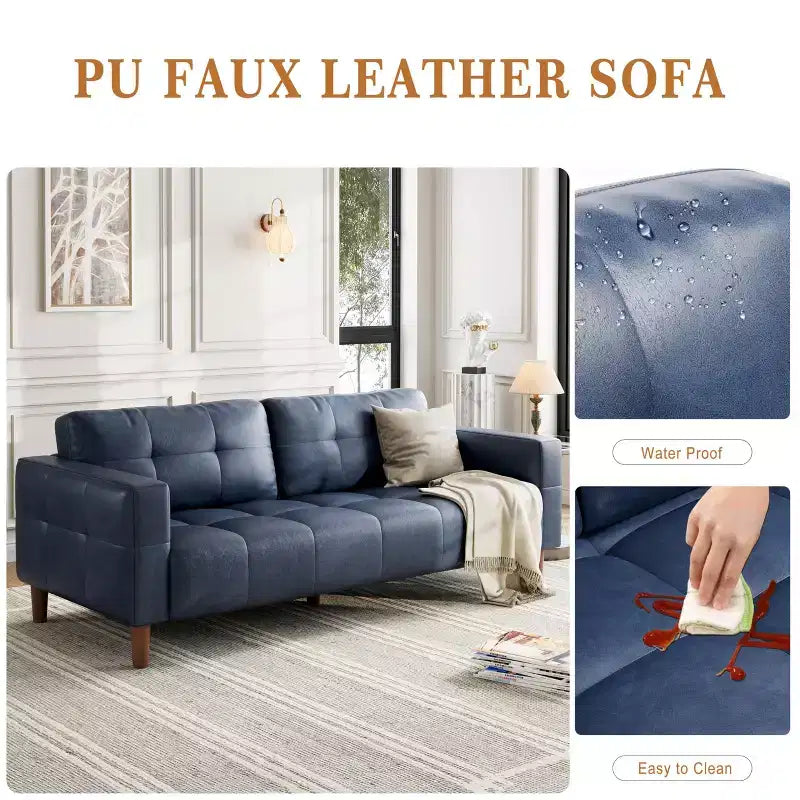 83" Faux Leather 3-Seater Sofa with Spring Cushion & 2 Removable Back Pillows