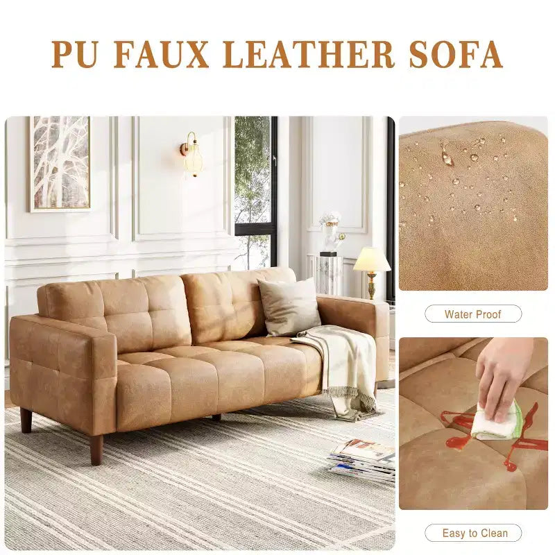 83" Faux Leather 3-Seater Sofa with Spring Cushion & 2 Removable Back Pillows