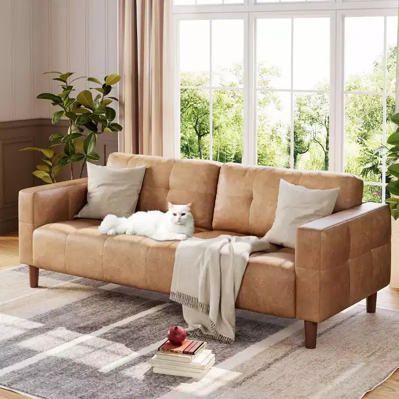 83" Faux Leather 3-Seater Sofa with Spring Cushion & 2 Removable Back Pillows