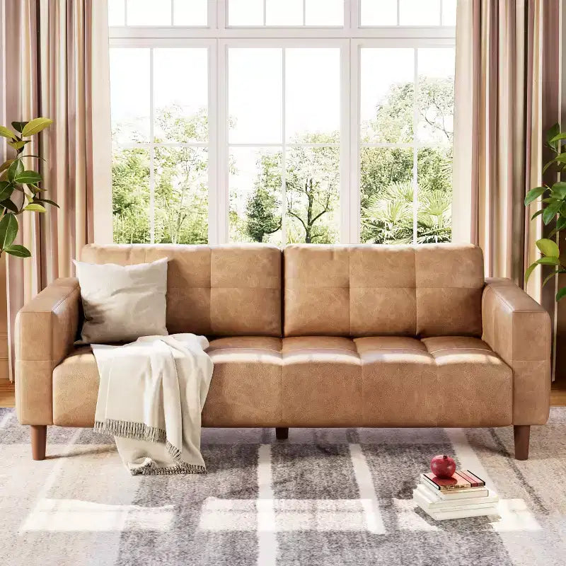 83" Faux Leather 3-Seater Sofa with Spring Cushion & 2 Removable Back Pillows
