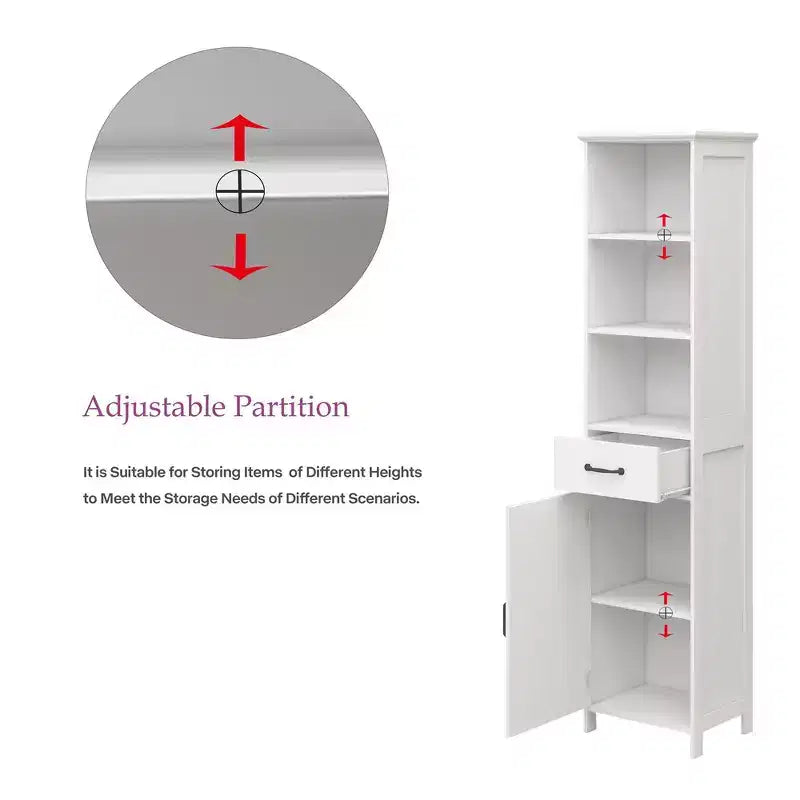 65" Tall Slim Bathroom Storage Cabinet with Drawers & Adjustable Shelf, White