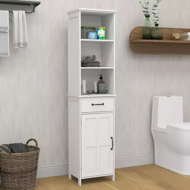 65" Tall Slim Bathroom Storage Cabinet with Drawers & Adjustable Shelf, White