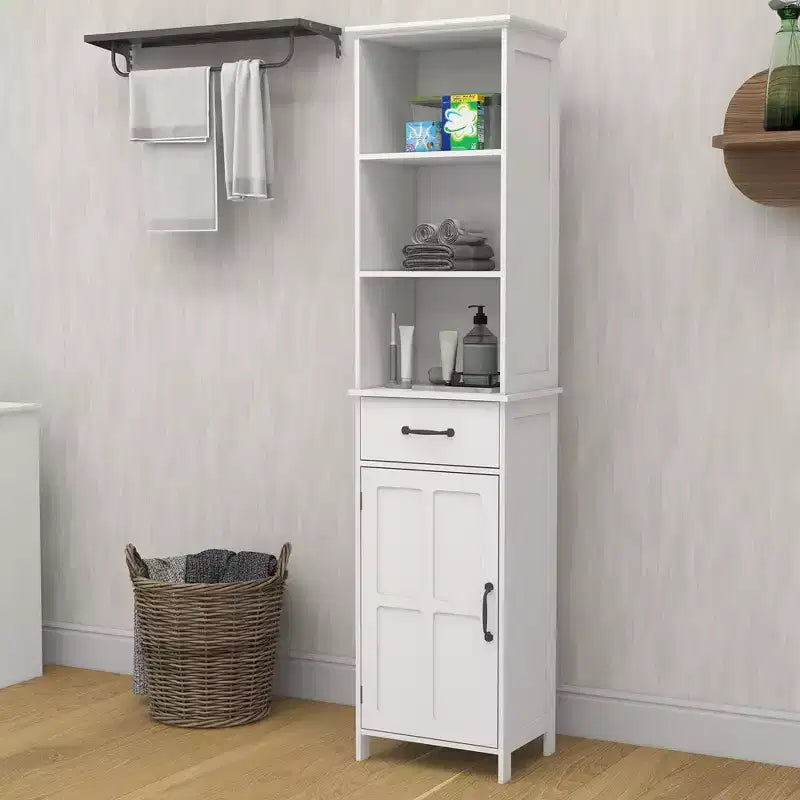 65" Tall Slim Bathroom Storage Cabinet with Drawers & Adjustable Shelf, White