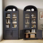 Arched 6-Tier Bookcase with Glass Doors, Farmhouse Wood Display Cabinet, 72"