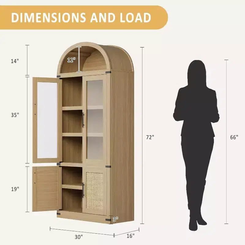 Arched 6-Tier Bookcase with Glass Doors, Farmhouse Wood Display Cabinet, 72"