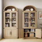 Arched 6-Tier Bookcase with Glass Doors, Farmhouse Wood Display Cabinet, 72"