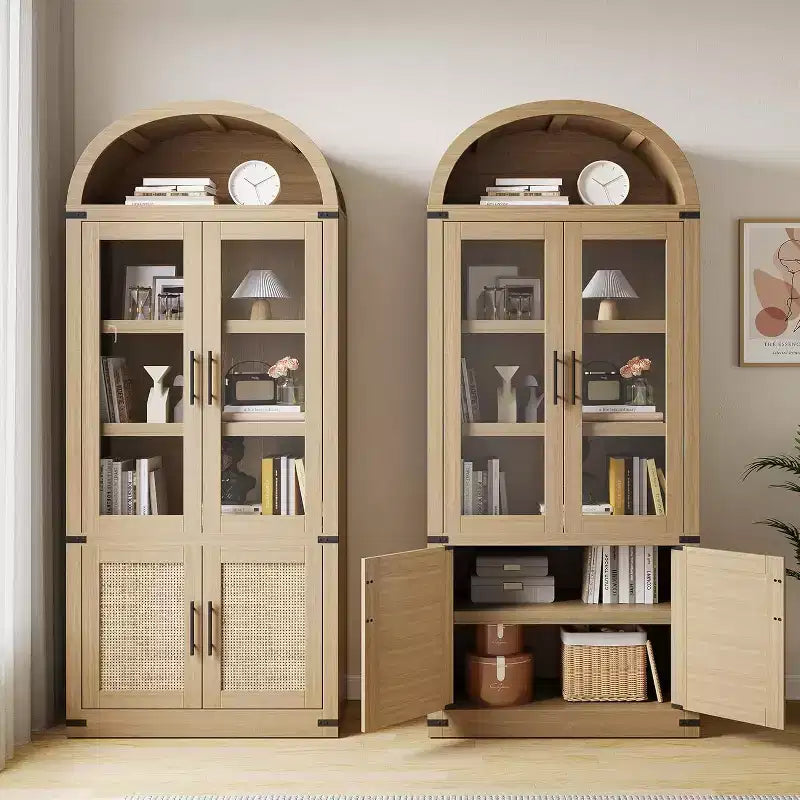 Arched 6-Tier Bookcase with Glass Doors, Farmhouse Wood Display Cabinet, 72"