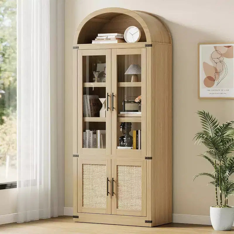Arched 6-Tier Bookcase with Glass Doors, Farmhouse Wood Display Cabinet, 72"