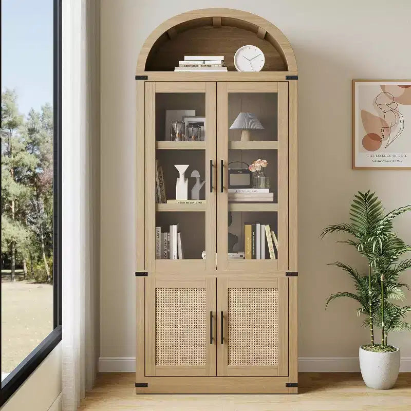 Arched 6-Tier Bookcase with Glass Doors, Farmhouse Wood Display Cabinet, 72"