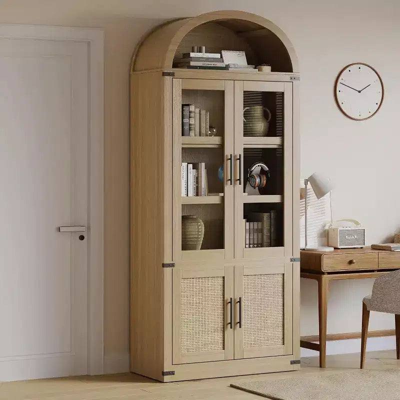 Arched 6-Tier Bookcase with Glass Doors, Farmhouse Wood Display Cabinet, 72"